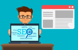 Man sitting behind a laptop, SEO-related terms on the screen, Optimize Your Site Structure