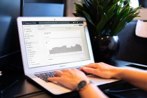 Close up of a person typing something on a laptop with a chart opened on it